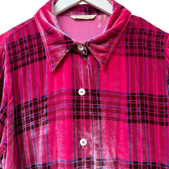 SOFT SURROUNDINGS Velvet Shirt Large Tall Pink Plaid Rayon Silk Button Up Womens - Picture 3 of 11